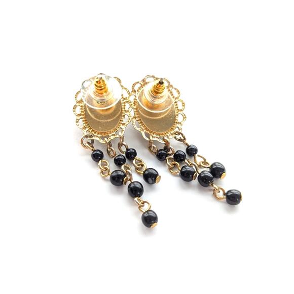 Vintage Faux Onyx Cabochon Dangle ChaCha Pierced Post Stud Boho Earrings - Picture 3 of 3